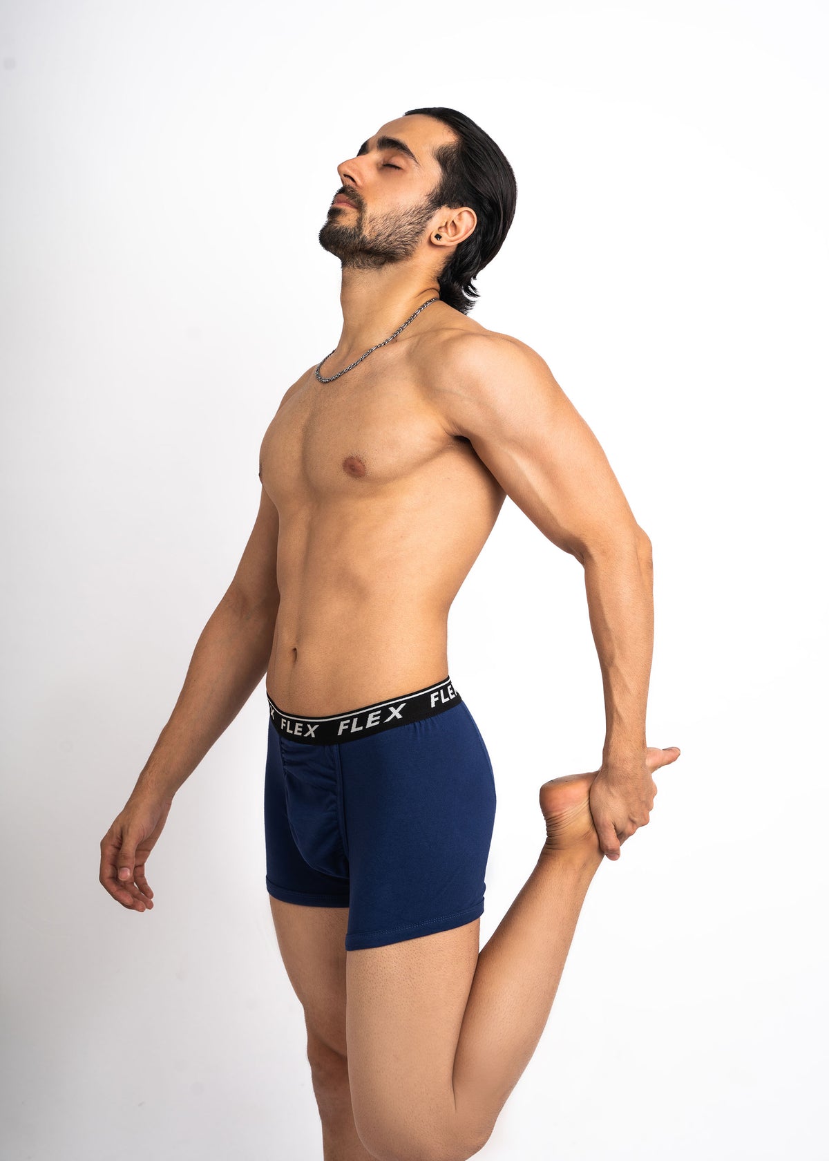 Man wearing navy blue Flex Knitwear 3D Ball Pouch boxer trunks