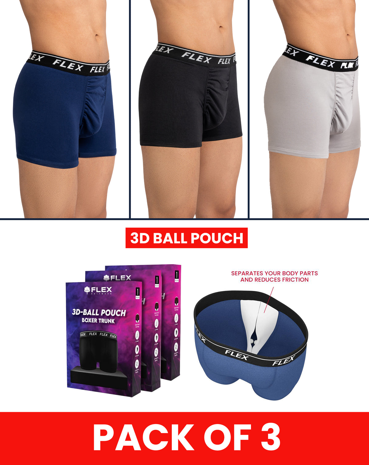 Flex Knitwear 3D Ball Pouch technology in black grey and navy boxer trunks